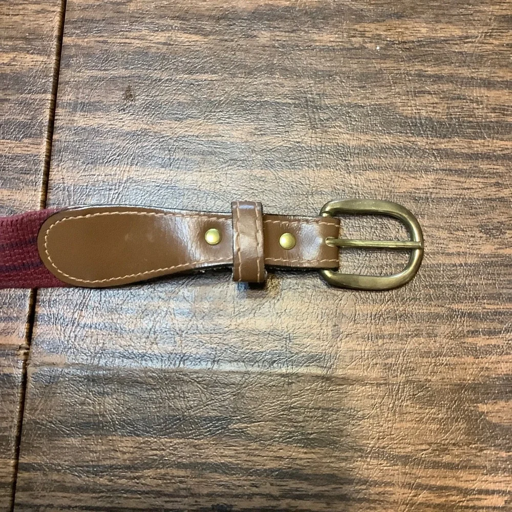 Vtg Izod Lacoste Mens Belt‎ 36 Burgundy Maroon Canvas Leather Stripe Surcingle